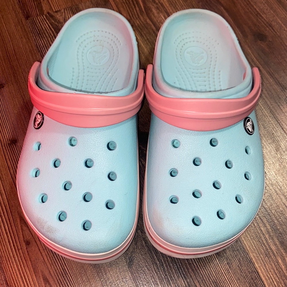 Pink and blue crocs